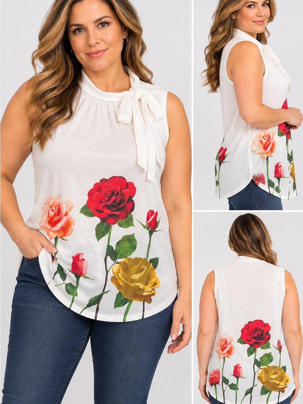 SUZY White Floral Rose Print Sleeveless Tie Neck Blouse – Stretch